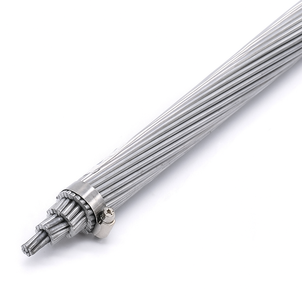 Close-up view of ACSR aluminum conductor steel reinforced cable, showing concentric aluminum strands around a galvanized steel core.